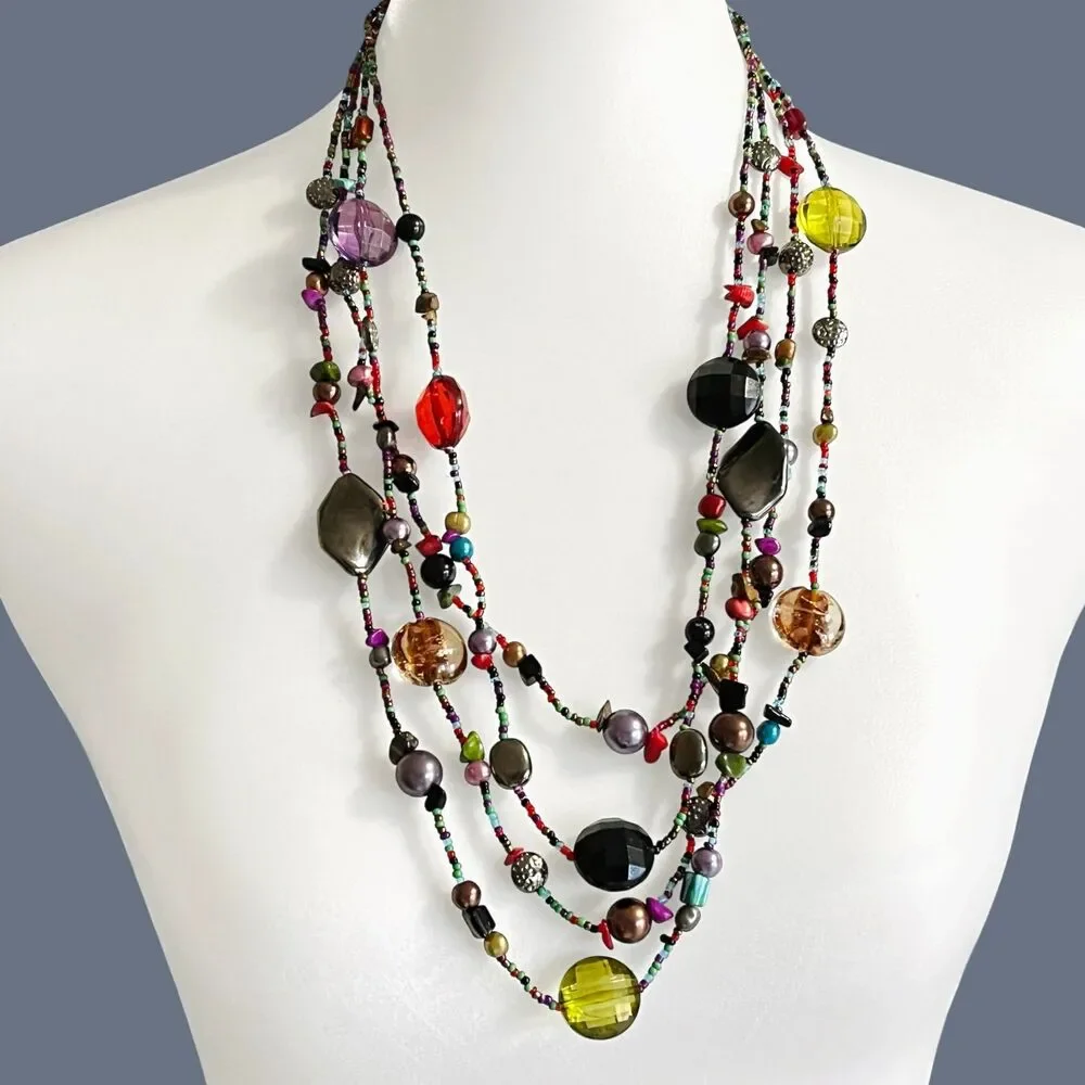 Colorful Necklace Multi Strand Glass Stone Shell Acrylic Bohemian Layered Beaded